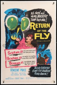 8x174 RETURN OF THE FLY linen 1sh 1959 Vincent Price, cool monster art, more horrific than before!