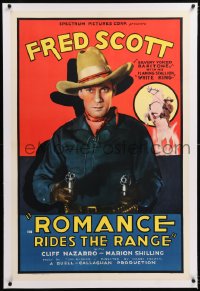 8x181 ROMANCE RIDES THE RANGE linen 1sh 1936 great c/u of cowboy Fred Scott pointing two guns!