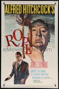 8x182 ROPE linen 1sh R1958 best art of James Stewart & director Alfred Hitchcock with murder weapon!