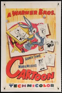 8x216 WARNER BROS CARTOON linen 1sh 1952 Bugs Bunny drawing Daffy Duck, Porky Pig, Elmer & more!