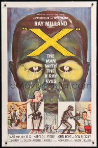 8x225 X: THE MAN WITH THE X-RAY EYES linen 1sh 1963 Ray Milland strips souls & bodies, cool art!