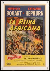 8y105 AFRICAN QUEEN linen Argentinean 1952 Humphrey Bogart, Katharine Hepburn, colorful montage art!