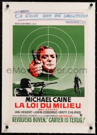 8y102 GET CARTER linen Belgian 1973 great image of Michael Caine with gun in assassin's scope!