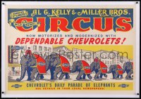 8y052 AL G. KELLY & MILLER BROS. CIRCUS linen 28x40 circus poster 1948 Chevrolet elephant ad!