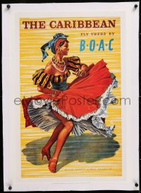 8y061 BOAC THE CARIBBEAN linen 20x28 French commercial poster 1999 art of Native woman dancing!