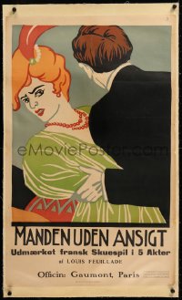 8y085 MAN WITHOUT A FACE linen Danish poster 1919 Feuillade, art of woman resisting man, ultra rare!