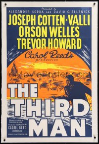 8y151 THIRD MAN linen English 1sh R1950s art of Orson Welles in sewer, Carol Reed classic film noir!