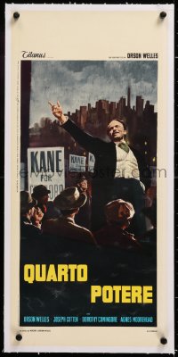 8y096 CITIZEN KANE linen Italian locandina R1966 art of director/star Orson Welles campaigning!