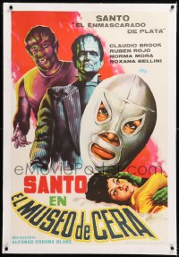 8y148 SANTO EN EL MUSEO DE CERA linen Spanish 1964 art of masked wrestler, Frankenstein & Wolfman!