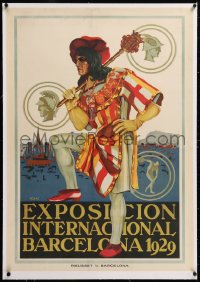 8y057 1929 BARCELONA INTERNATIONAL EXPOSITION linen 28x39 Spanish World's Fair poster 1929 Assens art!