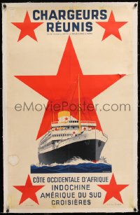 8y049 CHARGEURS REUNIS linen 24x39 French travel poster 1930s Hook art of cargo ship & red stars!