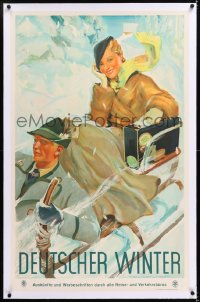 8y045 DEUTSCHER WINTER linen 25x40 German travel poster 1930s Heiligenstaedt art of woman on sled!
