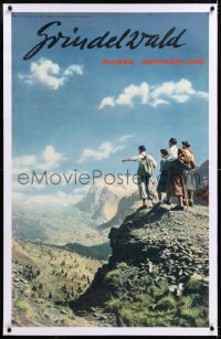 8y043 GRINDELWALD linen 25x40 Swiss travel poster 1960s hiking family admiring mountain view, rare!