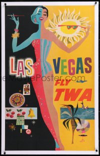 8y040 TWA LAS VEGAS linen 25x40 travel poster 1960s Klein art of sexy showgirl & casino games, rare!