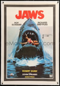8y091 JAWS linen Turkish 1981 best different art of man-eating shark with sexy girl in its mouth!