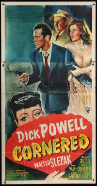 8z102 CORNERED 3sh 1946 great artwork of Dick Powell pointing gun + Walter Slezak & top cast!