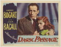 8z192 DARK PASSAGE LC #2 1947 great close up of Humphrey Bogart holding sexy scared Lauren Bacall!