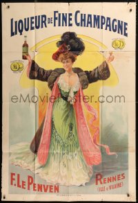 8z075 LIQUEUR DE FINE CHAMPAGNE 42x61 French advertising poster 1906 cool art of a woman w/ booze!