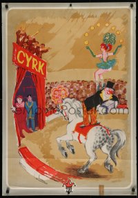 9a093 CYRK Polish 27x39 circus poster 1972 Tomaszewski art of clown with female juggler on horse!