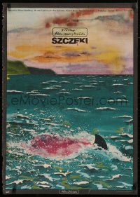 9a147 JAWS Polish 23x32 1976 Spielberg, different Dudzinski art of shark fin in bloody water!