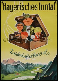9a081 BAYERISCHES INNTAL 23x33 German travel poster 1950s Thurm flying family suitcase art, rare!