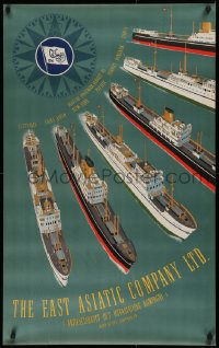 9a088 EAST ASIATIC COMPANY 25x39 Danish travel poster 1950 art of ships by Sten Heilmann Clausen!