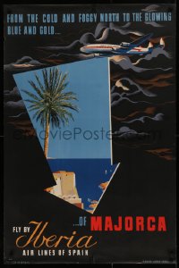 9a083 IBERIA MAJORCA 25x36 Spanish travel poster 1950s cool art, foggy north to glowing sun, rare!