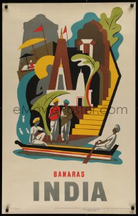 9a089 INDIA 25x39 Indian travel poster 1957 cool colorful art of rowing through Banaras, rare!