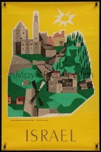 9a090 ISRAEL 26x39 Israeli travel poster 1950s Jean David art of Mt. Zion & landmarks in Jerusalem!