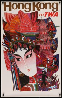 9a068 TWA HONG KONG 25x40 travel poster 1960s David Klein montage art of pretty Asian woman!
