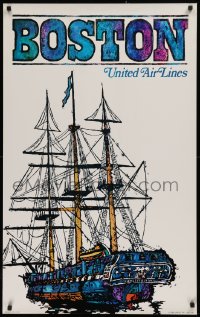 9a069 UNITED AIR LINES BOSTON 25x40 travel poster 1968 art of the U.S.S. Constitution by Jebary!