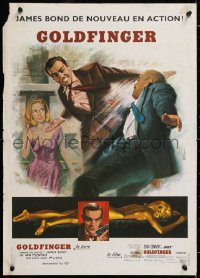 9b735 GOLDFINGER French 17x24 R1970s great Jean Mascii art of Sean Connery as James Bond 007!