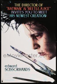 9c580 EDWARD SCISSORHANDS DS 1sh 1990 Tim Burton classic, close up of scarred Johnny Depp!