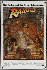 9c806 RAIDERS OF THE LOST ARK 1sh R1982 great Richard Amsel art of adventurer Harrison Ford!