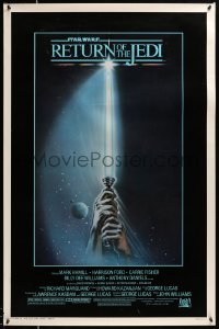 9c817 RETURN OF THE JEDI 1sh 1983 George Lucas, art of hands holding lightsaber by Tim Reamer!