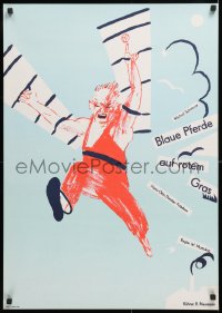 9c331 BLAUE PFERDE AUF ROTEM GRAS 23x32 East German stage poster 1986 man trying to fly by Neumann!