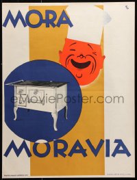 9c107 MORA MORAVIA 18x24 Czech advertising poster 1930s great KG art of chef smiling over oven!