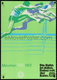 9c055 GERMAN FEDERAL RAILWAY 23x33 German travel poster 1970 Gaebele art of hurdlers, Olympic games!