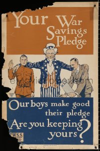 9c028 YOUR WAR SAVINGS PLEDGE 21x32 WWII war poster 1917 Uncle Sam w/arms around soldier & stamp buyer!