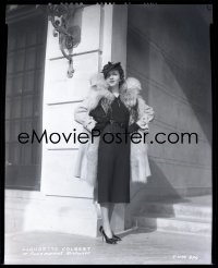 9h046 CLAUDETTE COLBERT camera original 8x10 negative 1930s Paramount studio portrait in dress & fur!