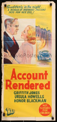 9j586 ACCOUNT RENDERED Aust daybill 1957 Griffith Jones, Ursula Howells, cool English crime art!