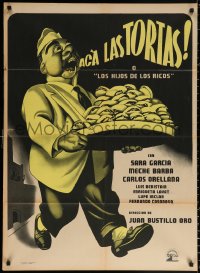 9j022 ACA LAS TORTAS Mexican poster 1951 Ernesto Garcia Cabral art of man with bakery goods!