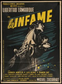 9j040 LA INFAME Mexican poster 1954 cool artwork of mother running & holding child by Josep Renau!