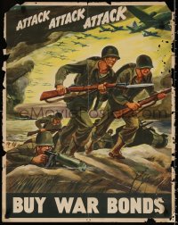 9r074 ATTACK ATTACK ATTACK 22x28 WWII war poster 1942 cool Warren art of soldiers advancing!