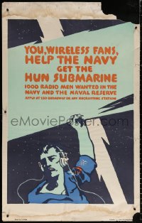 9r072 YOU, WIRELESS FANS, HELP THE NAVY 28x45 WWI war poster 1918 1000 radio men wanted, Walls!