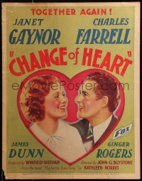 9t026 CHANGE OF HEART WC 1934 artwork of Manhattan sweethearts Janet Gaynor & Charles Farrell!