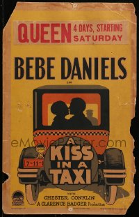 9t076 KISS IN A TAXI WC 1927 art of Bebe Daniels & Douglas Gilmore silhouettes in car, ultra rare!