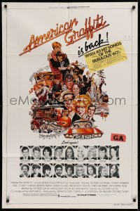 9w084 AMERICAN GRAFFITI 1sh R1978 George Lucas, great wacky Mort Drucker artwork of cast & images!