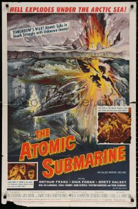 9w099 ATOMIC SUBMARINE 1sh 1959 cool Reynold Brown art, hell explodes under the Arctic Sea!