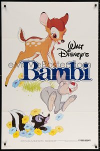 9w108 BAMBI 1sh R1982 Walt Disney cartoon deer classic, great art with Thumper & Flower!